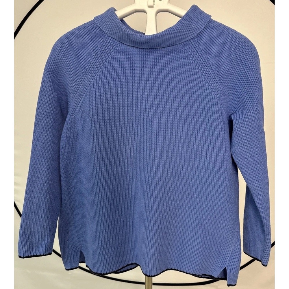 Talbots Ribbed Knit Top Pullover Women's Sz MP Dusty Blue Mock Neck Pima Cotton